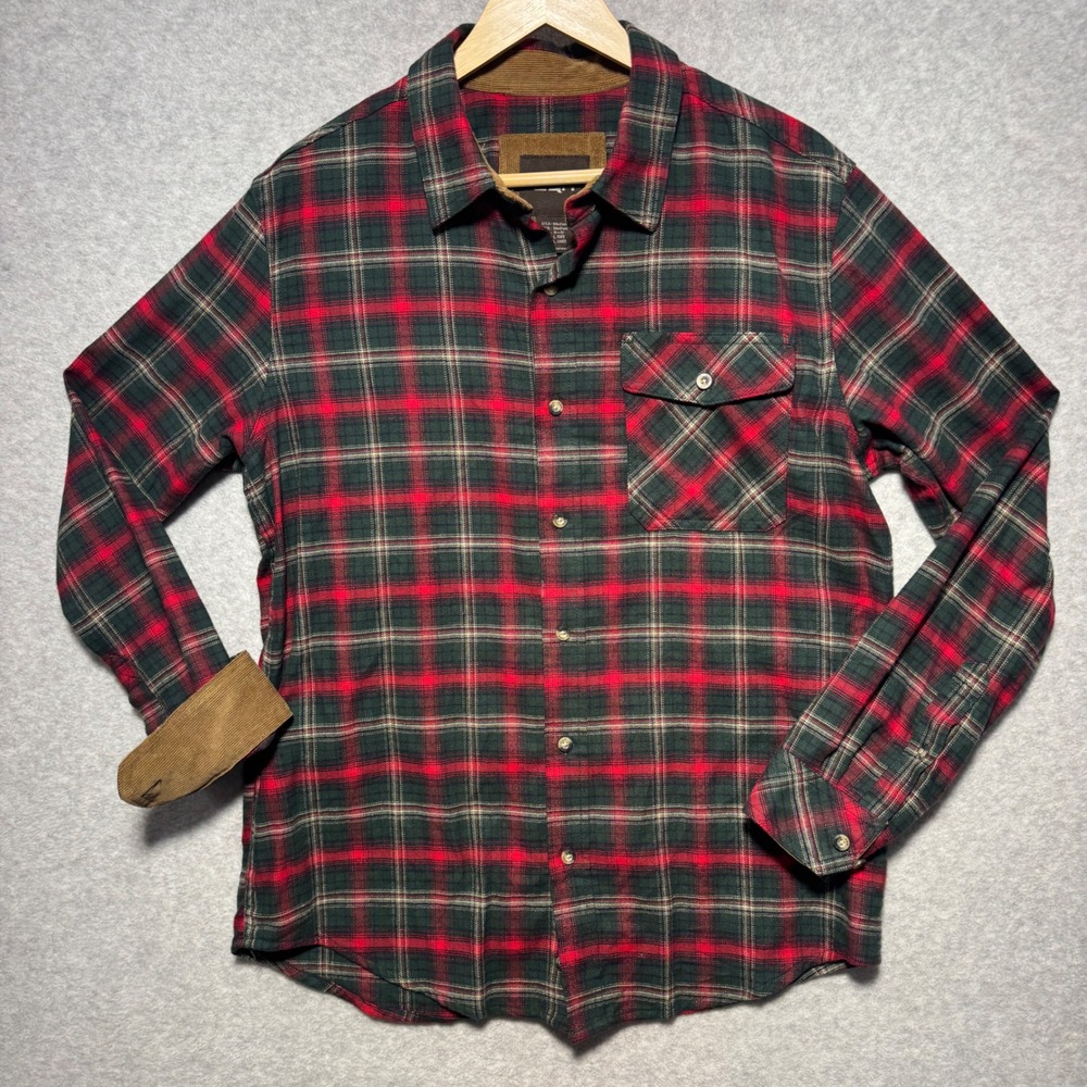CQR Mens Medium Red Green Plaid Flannel Shirt Corduroy‎ Trim Cotton RN154068
